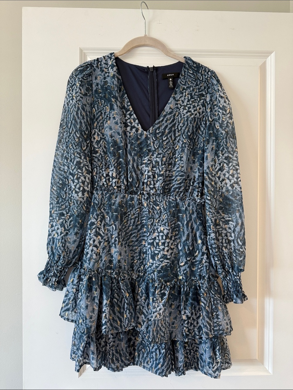 Aqua Blue and Ivory Abstract Print Tiered V-Neck Dress